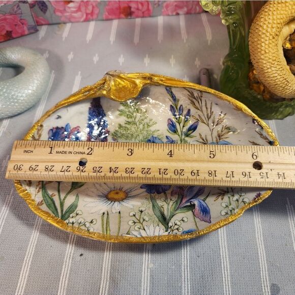 DECOUPAGE CLAM SHELL DECOUPAGE FLOWERS TRINKET DISH - Picture 7 of 11